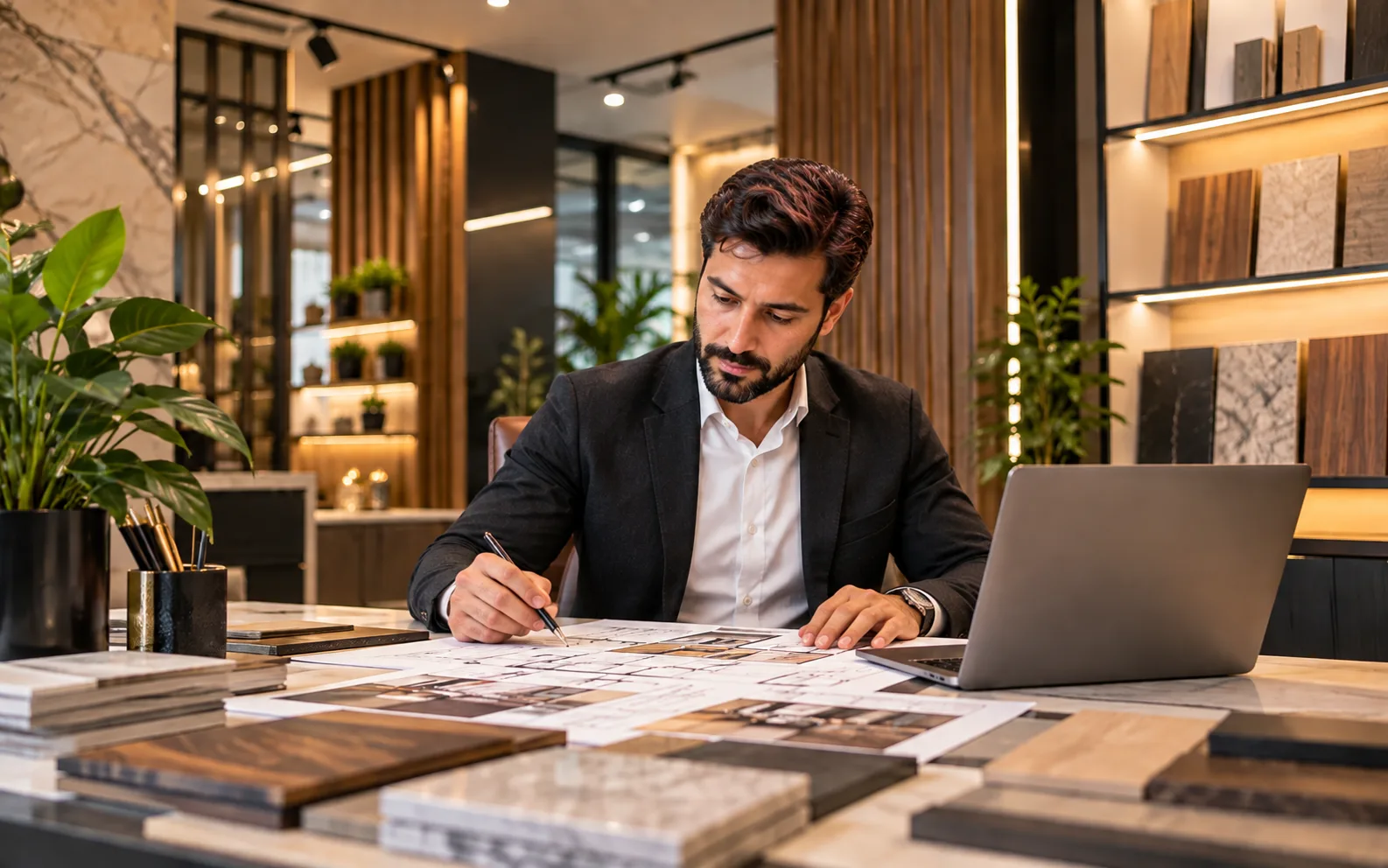 Architect Designing in a Warm Modern Studio