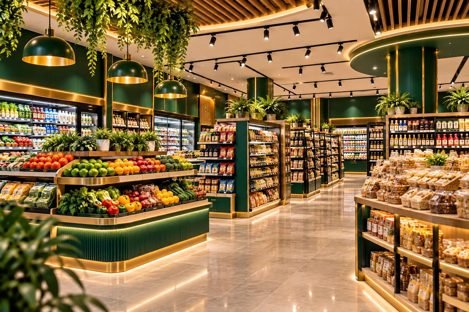 Luxurious Green and Gold Supermarket Interior