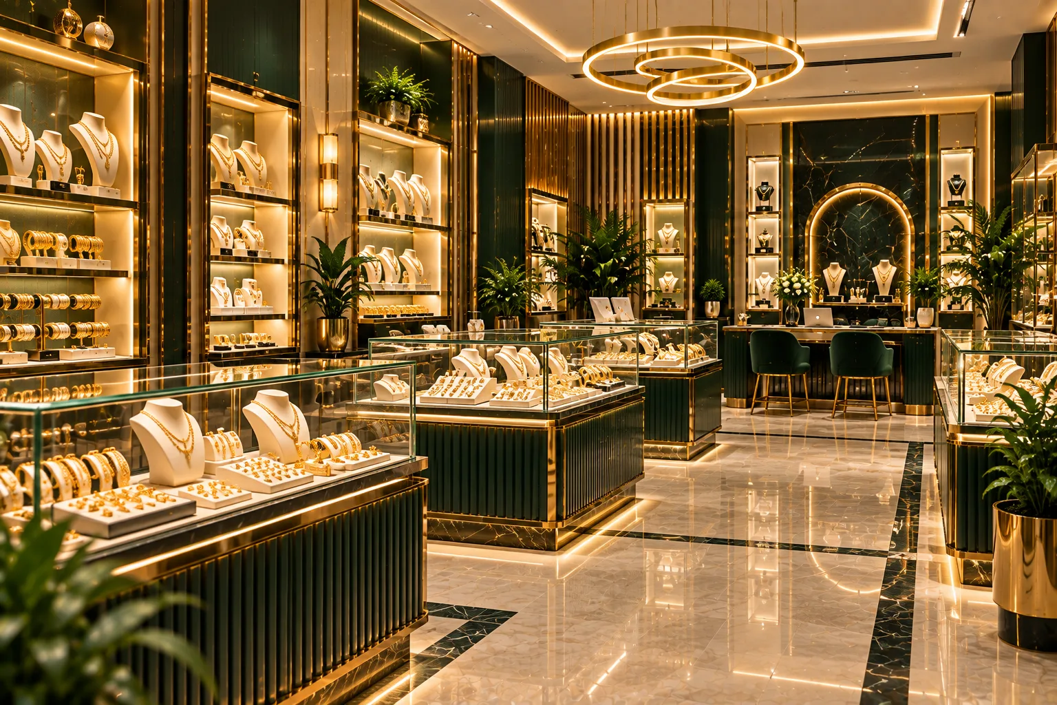 Opulent Emerald Gold Jewelry Showroom